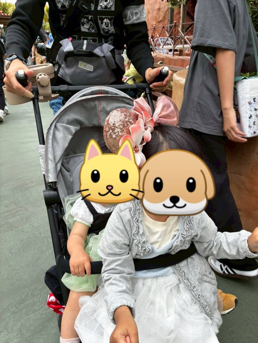 ディズニーでLIBELLEに乗る子どもたち（顔はスタンプで隠しています）